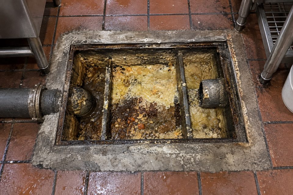 Commercial kitchen grease trap in need of maintenance
